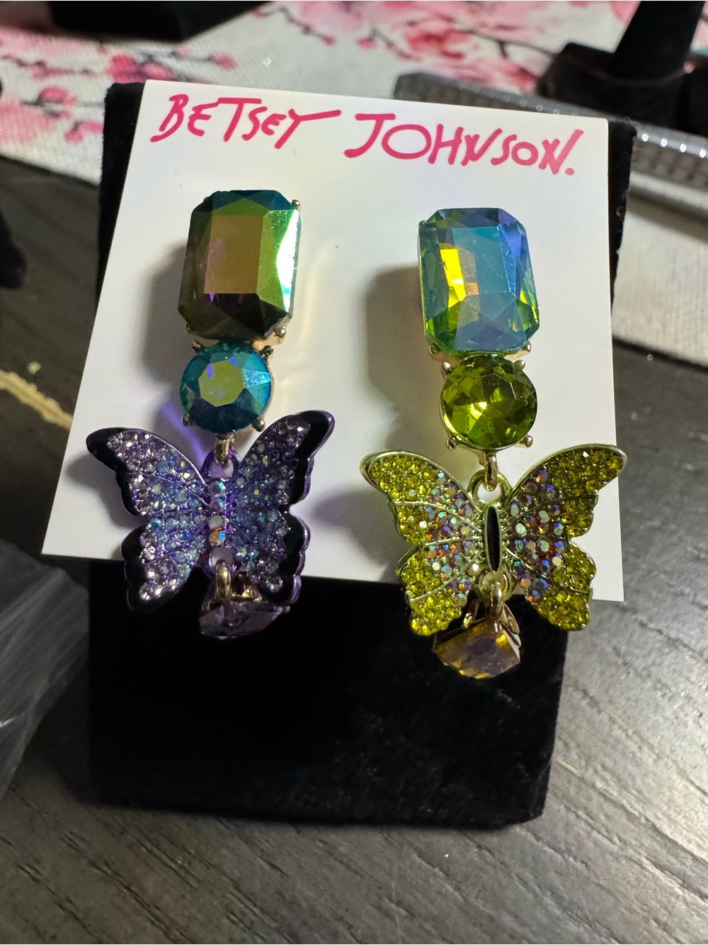 Betsey Johnson Green and Purple Iridescent Butterfly Drop Earrings